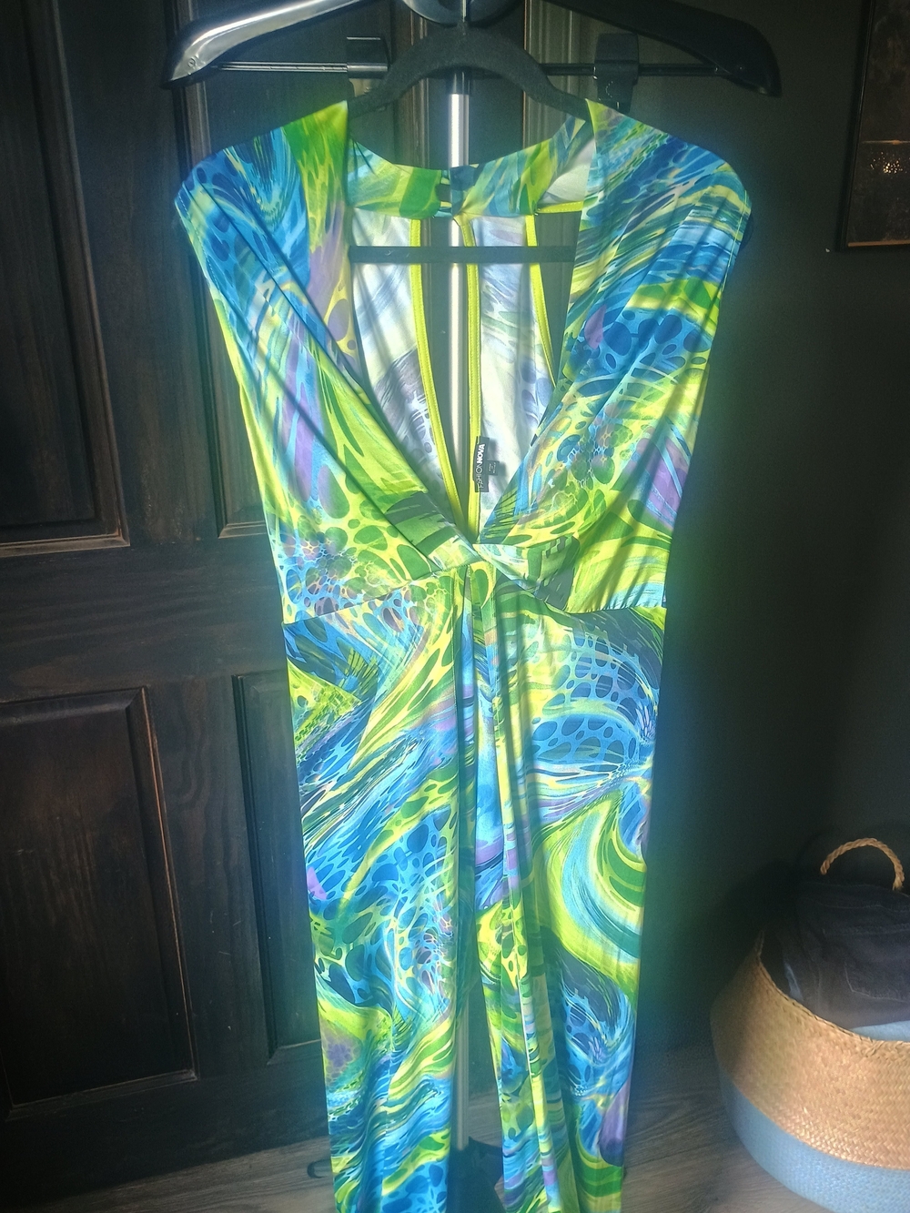 Fashion Nova Abstract Print Wide Leg Jumpsuit Women's Large Neon Blue Green Open - Picture 3 of 10